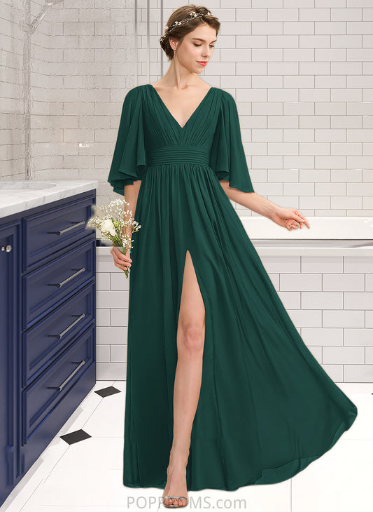 LuLu A-Line V-neck Floor-Length Chiffon Bridesmaid Dress With Ruffle Bow(s) Split Front PP6P0012948