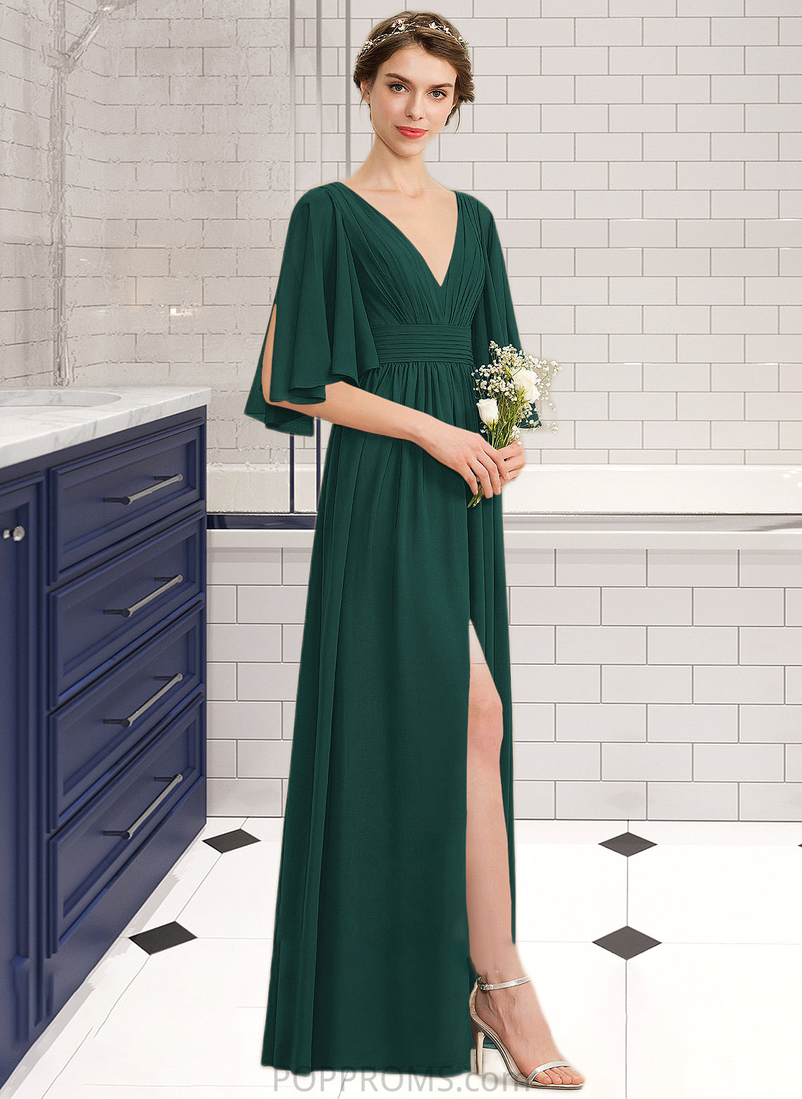 LuLu A-Line V-neck Floor-Length Chiffon Bridesmaid Dress With Ruffle Bow(s) Split Front PP6P0012948