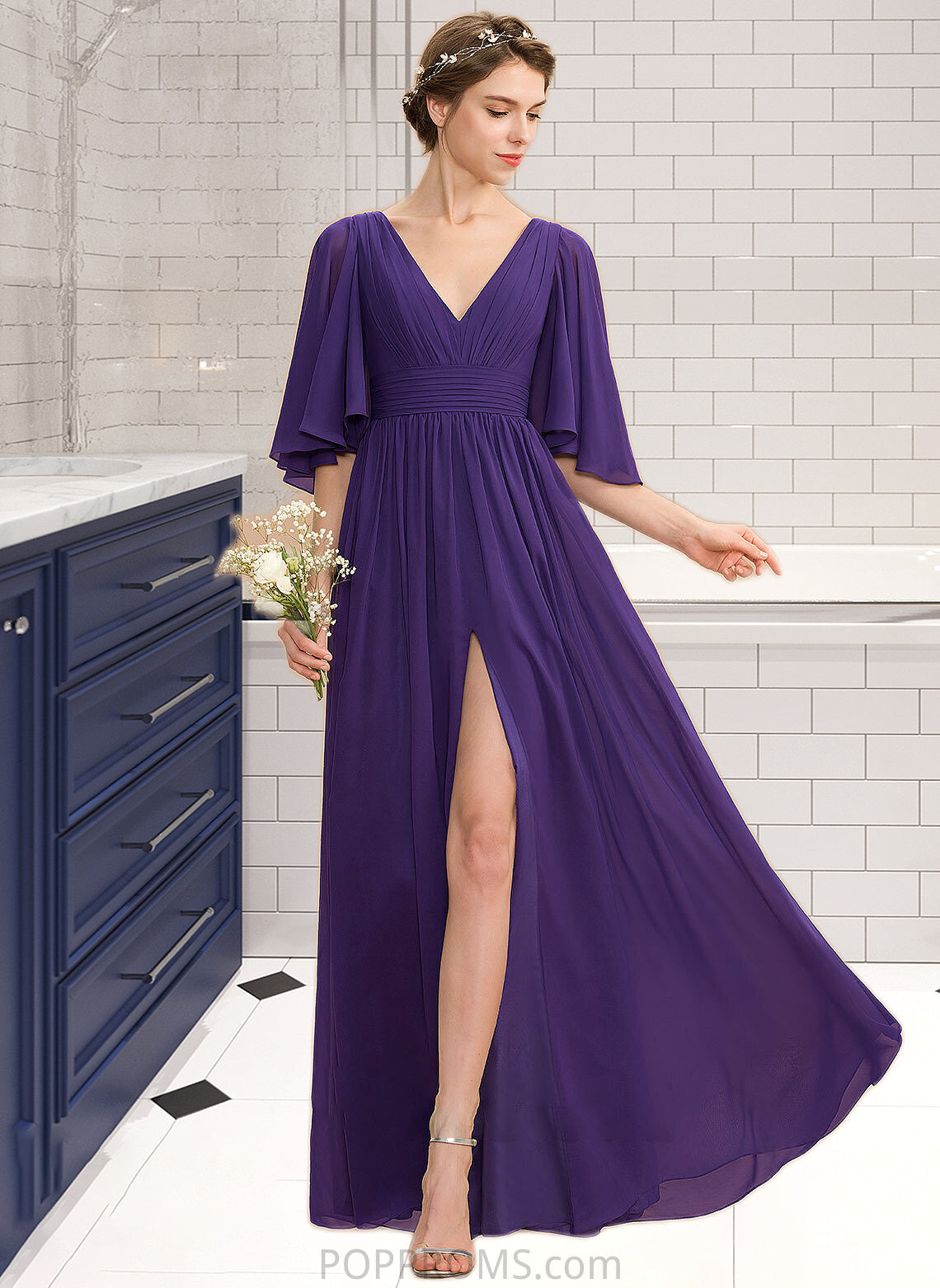 LuLu A-Line V-neck Floor-Length Chiffon Bridesmaid Dress With Ruffle Bow(s) Split Front PP6P0012948