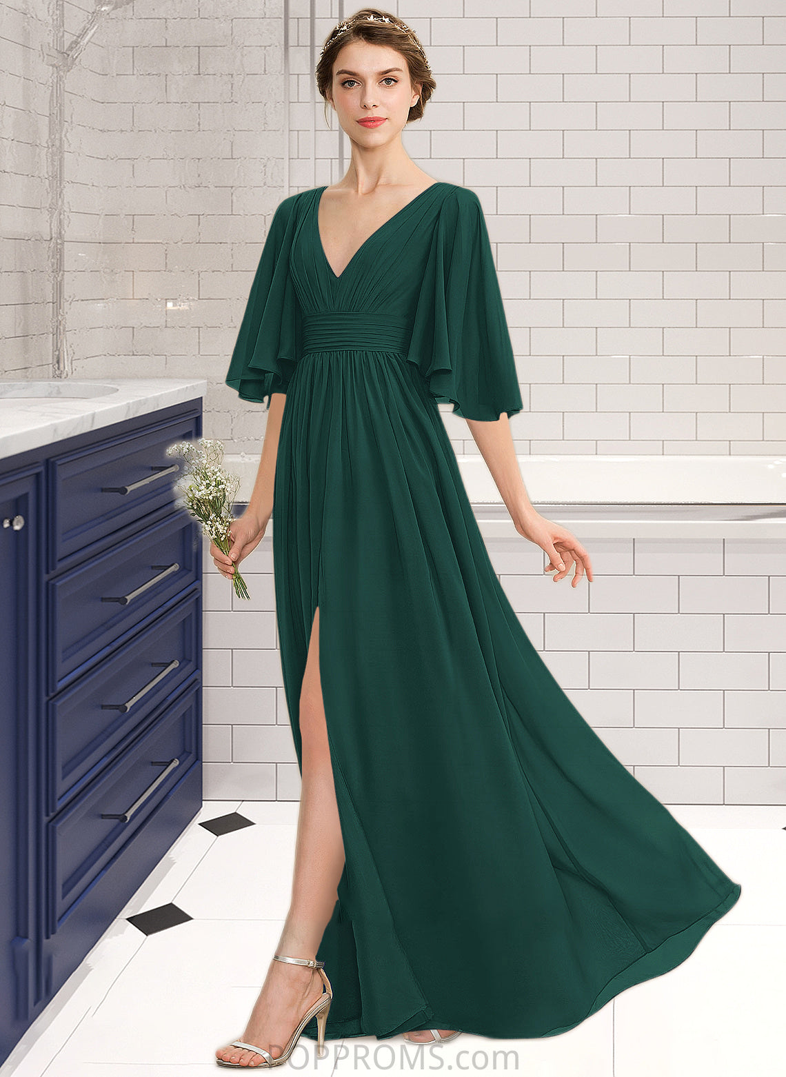 LuLu A-Line V-neck Floor-Length Chiffon Bridesmaid Dress With Ruffle Bow(s) Split Front PP6P0012948