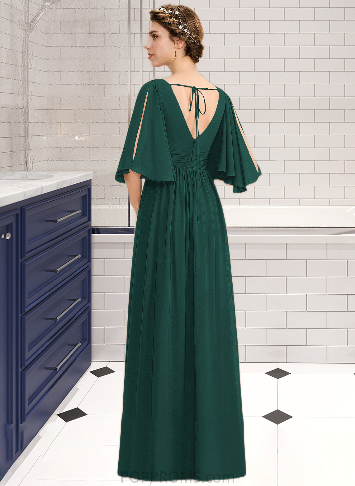 LuLu A-Line V-neck Floor-Length Chiffon Bridesmaid Dress With Ruffle Bow(s) Split Front PP6P0012948