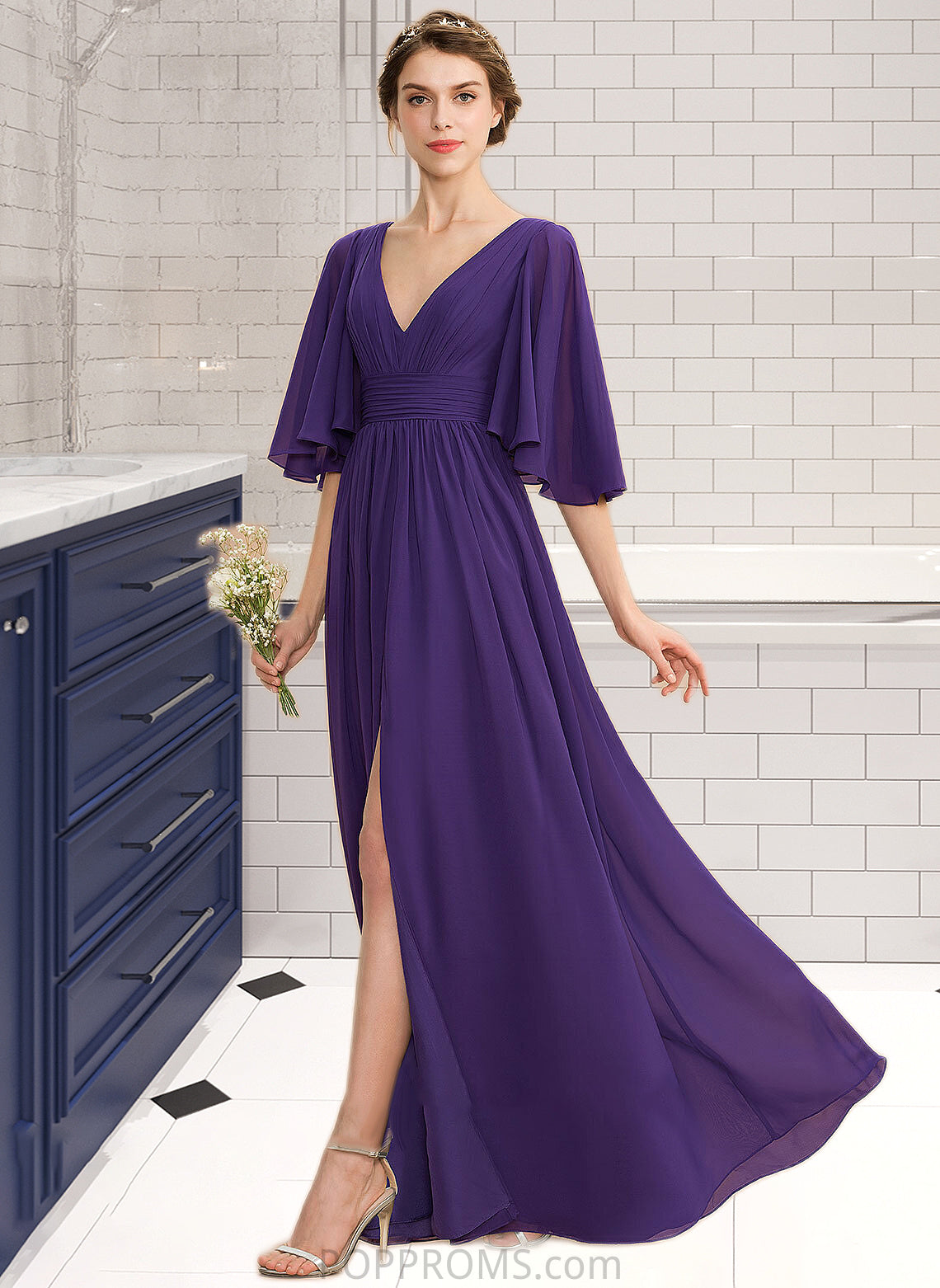 LuLu A-Line V-neck Floor-Length Chiffon Bridesmaid Dress With Ruffle Bow(s) Split Front PP6P0012948