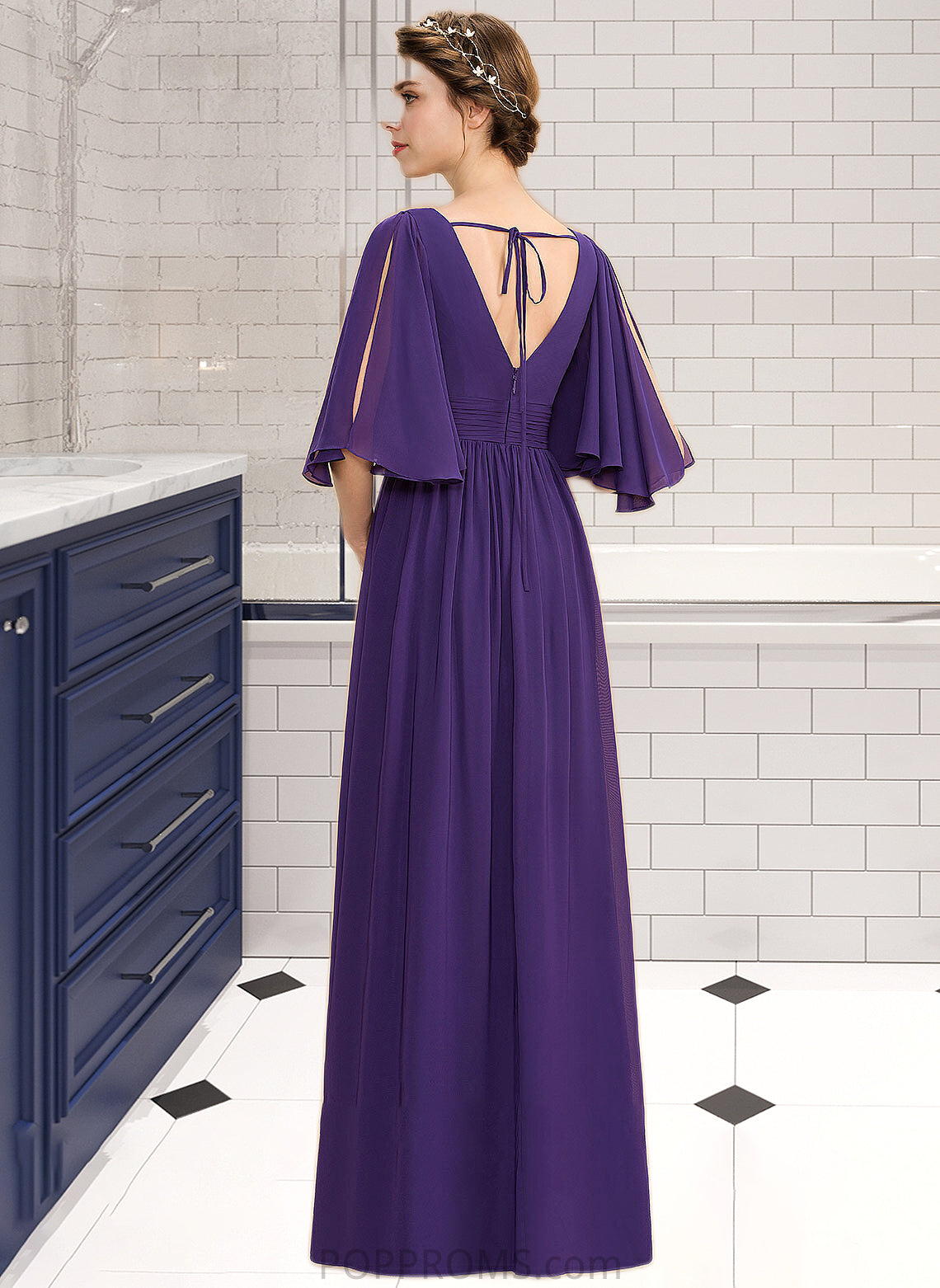 LuLu A-Line V-neck Floor-Length Chiffon Bridesmaid Dress With Ruffle Bow(s) Split Front PP6P0012948