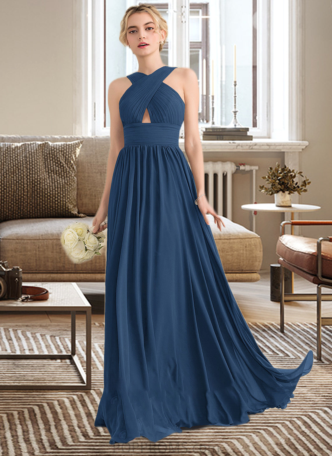 Marie A-line V-Neck Sweep Train Chiffon Bridesmaid Dress With Ruffle PP6P0012949