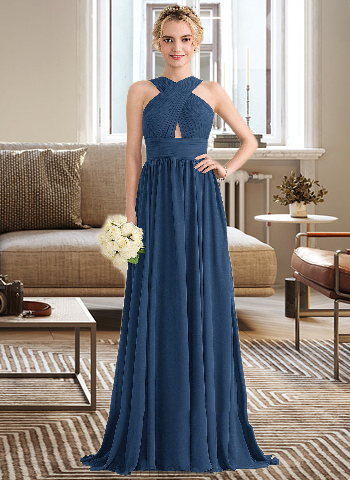 Marie A-line V-Neck Sweep Train Chiffon Bridesmaid Dress With Ruffle PP6P0012949