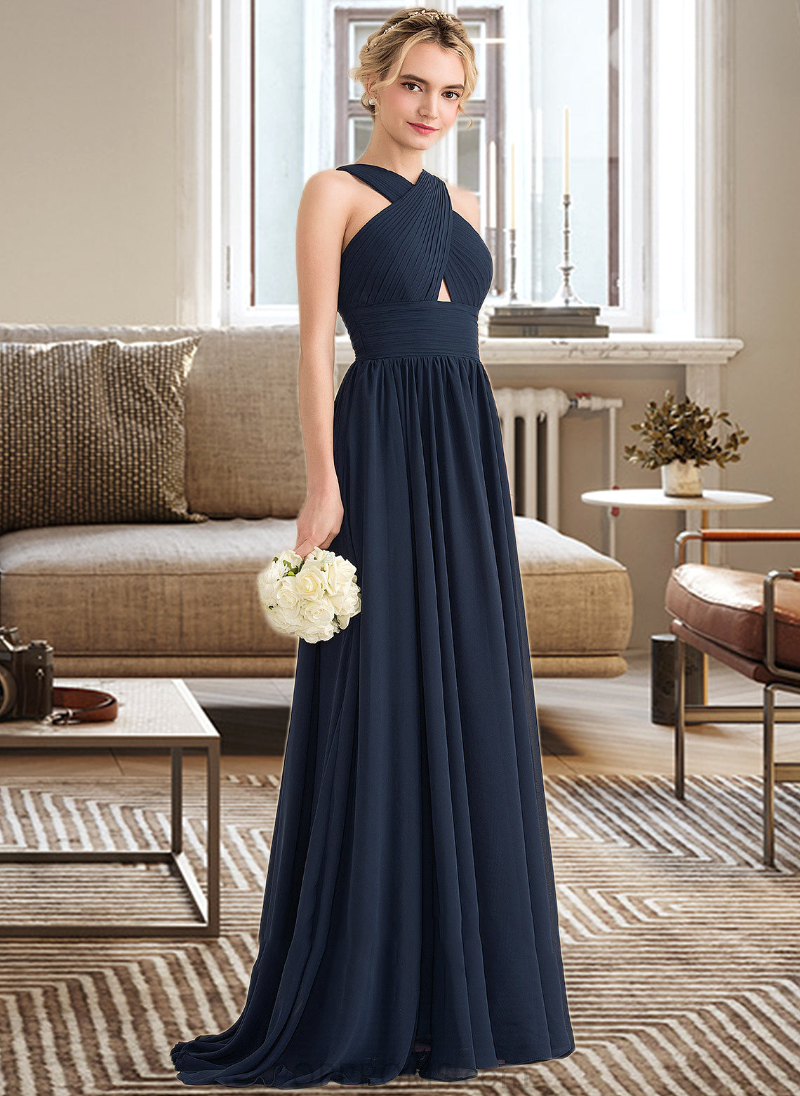 Marie A-line V-Neck Sweep Train Chiffon Bridesmaid Dress With Ruffle PP6P0012949