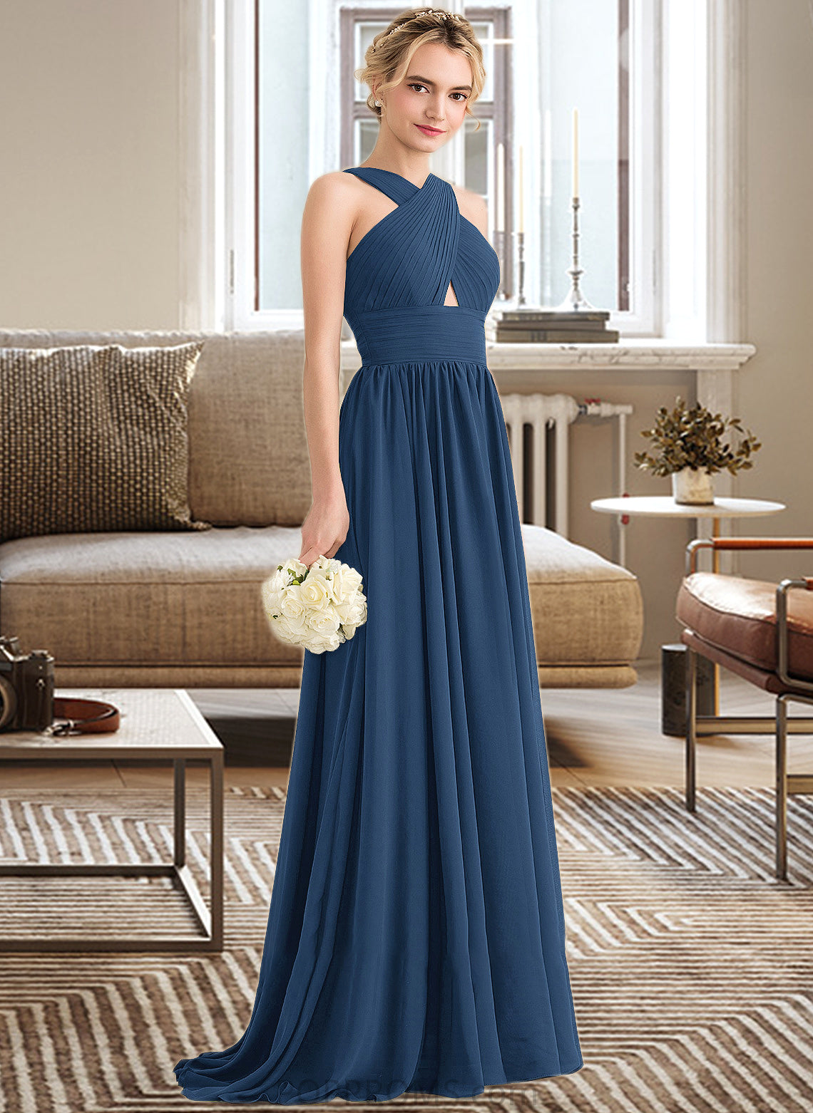 Marie A-line V-Neck Sweep Train Chiffon Bridesmaid Dress With Ruffle PP6P0012949