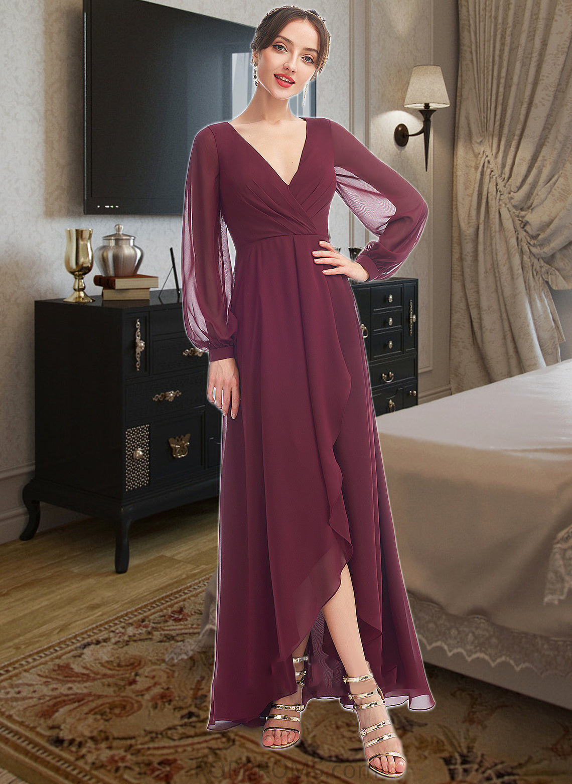 Aracely A-Line V-neck Asymmetrical Bridesmaid Dress With Ruffle PP6P0012954