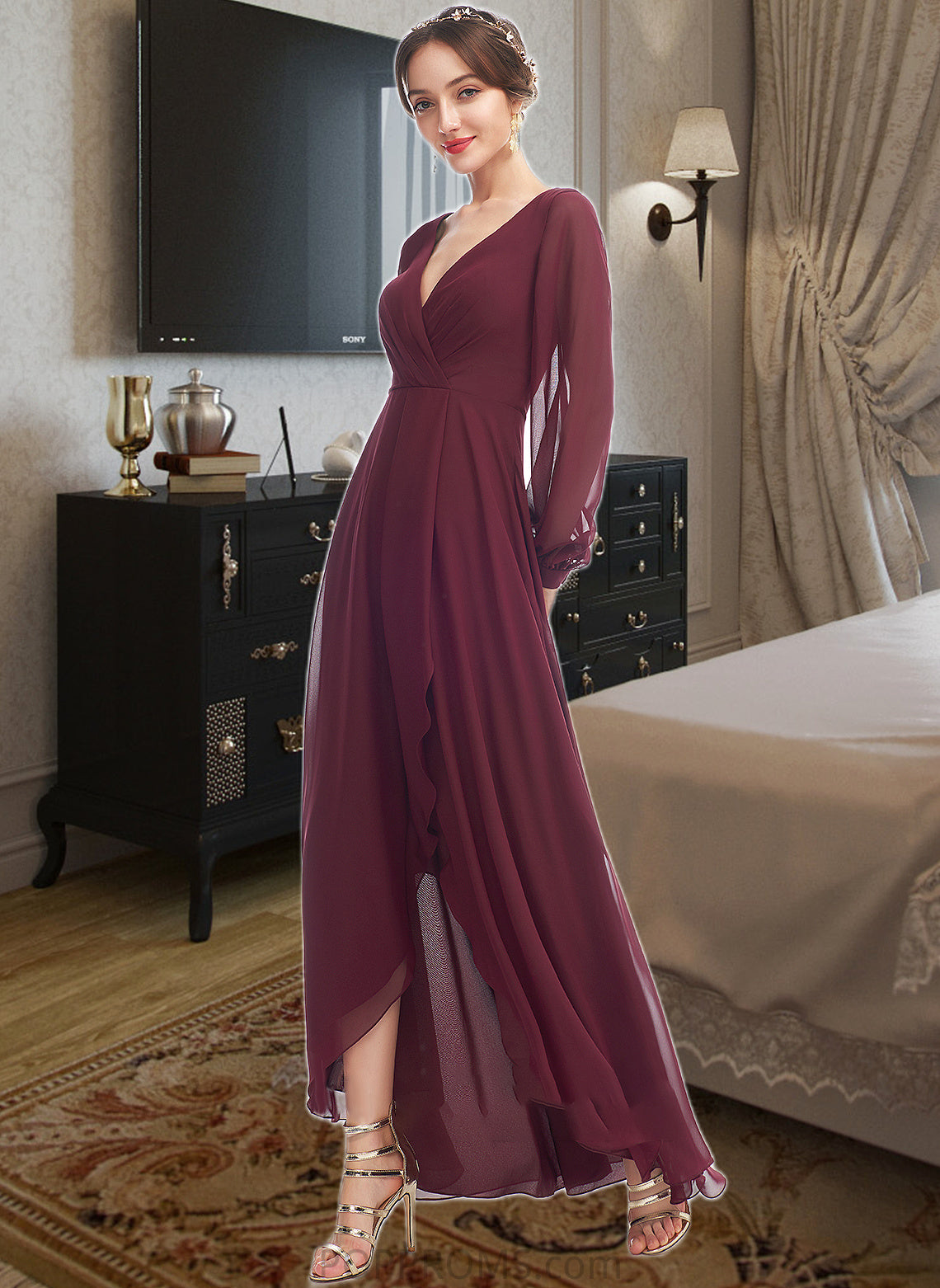 Aracely A-Line V-neck Asymmetrical Bridesmaid Dress With Ruffle PP6P0012954