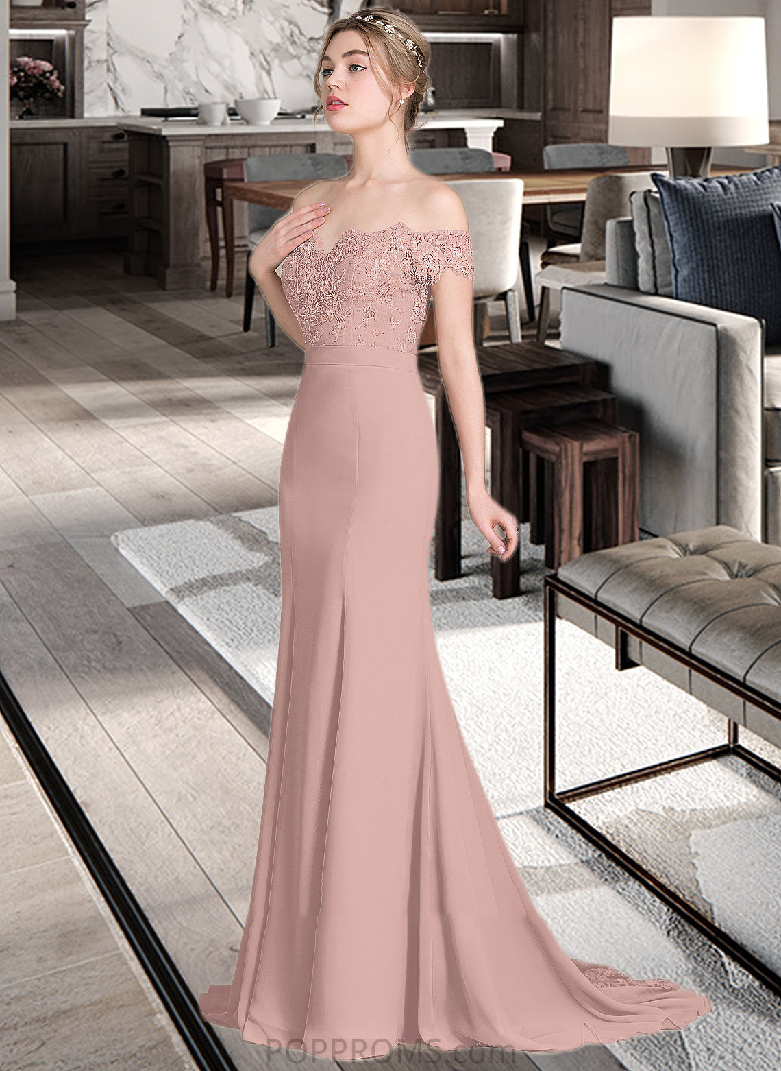 Francesca Trumpet/Mermaid Off the Shoulder Court Train Chiffon Lace Bridesmaid Dress With Sequins PP6P0012955