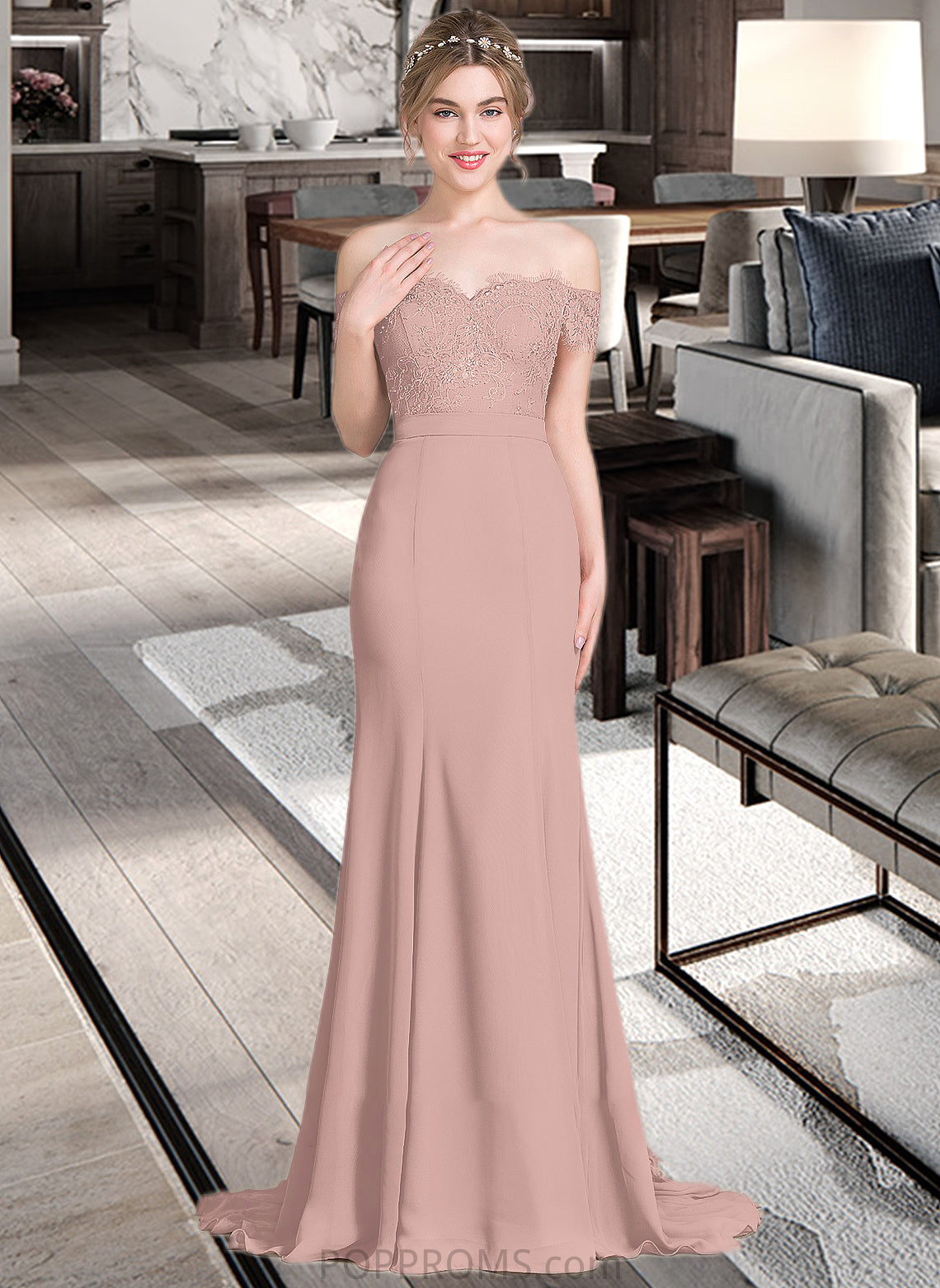 Francesca Trumpet/Mermaid Off the Shoulder Court Train Chiffon Lace Bridesmaid Dress With Sequins PP6P0012955