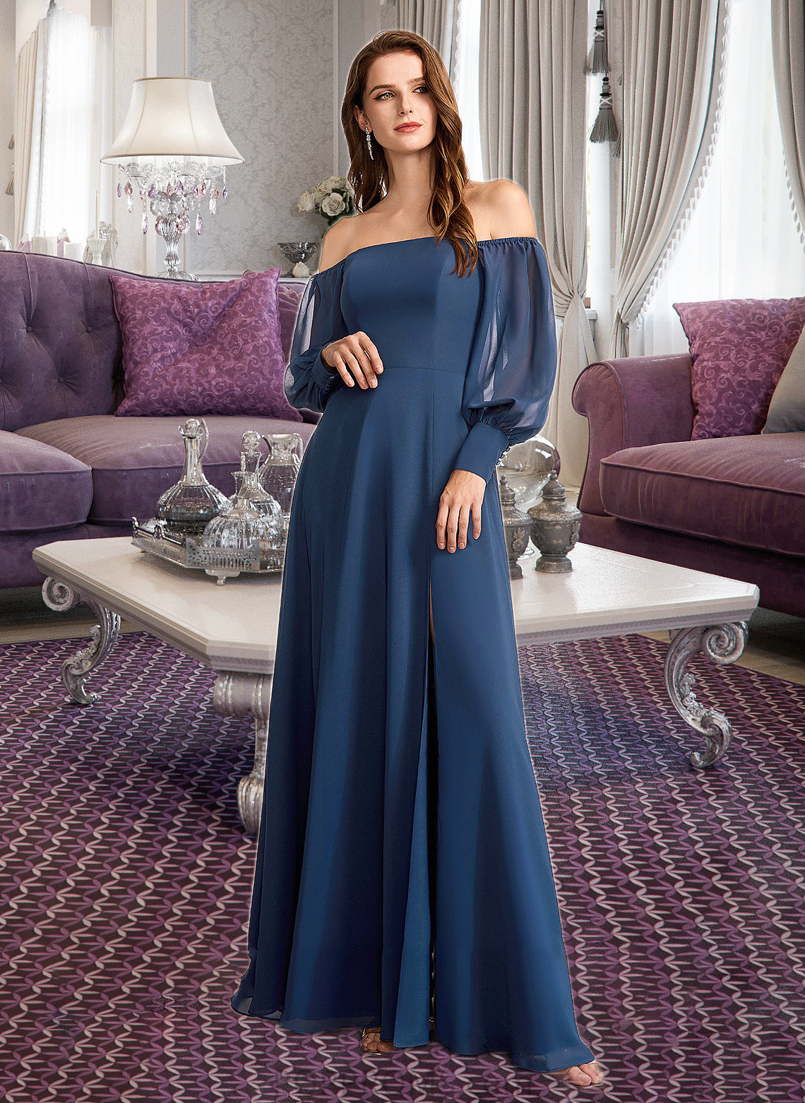 Louisa A-Line Off-the-Shoulder Floor-Length Bridesmaid Dress With Split Front PP6P0012956