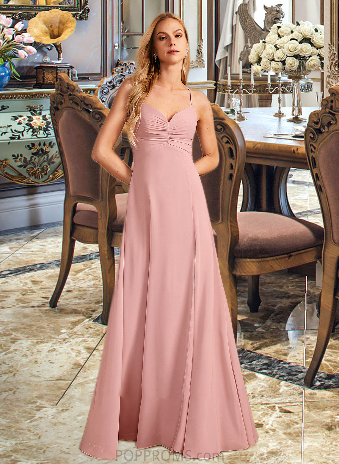 Cassie A-Line V-neck Floor-Length Bridesmaid Dress With Split Front PP6P0012959