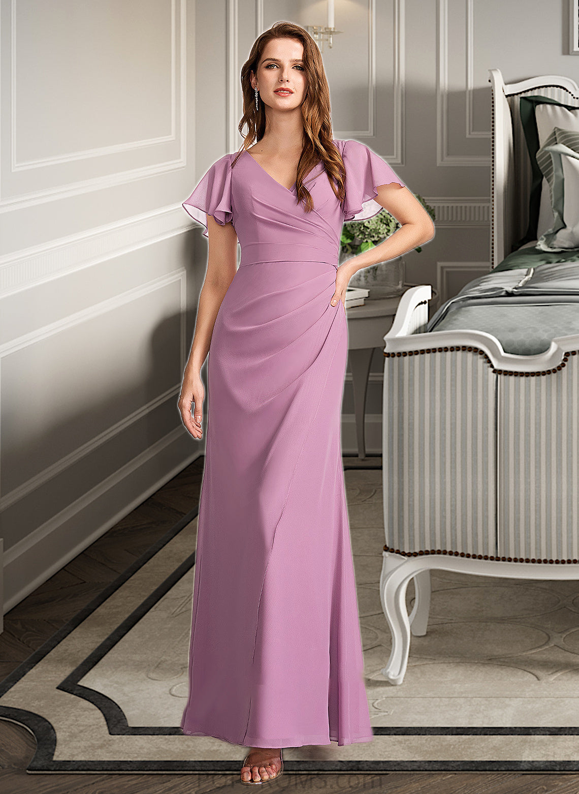 Aryanna Sheath/Column V-neck Floor-Length Bridesmaid Dress With Ruffle PP6P0012960