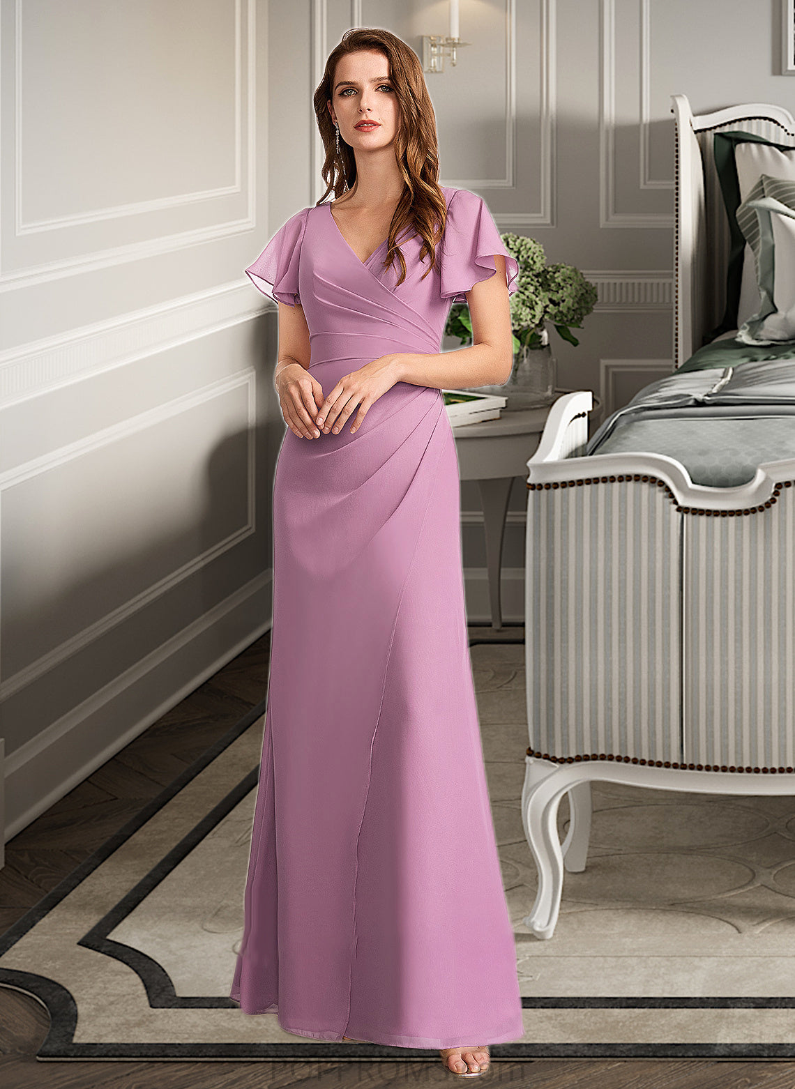 Aryanna Sheath/Column V-neck Floor-Length Bridesmaid Dress With Ruffle PP6P0012960