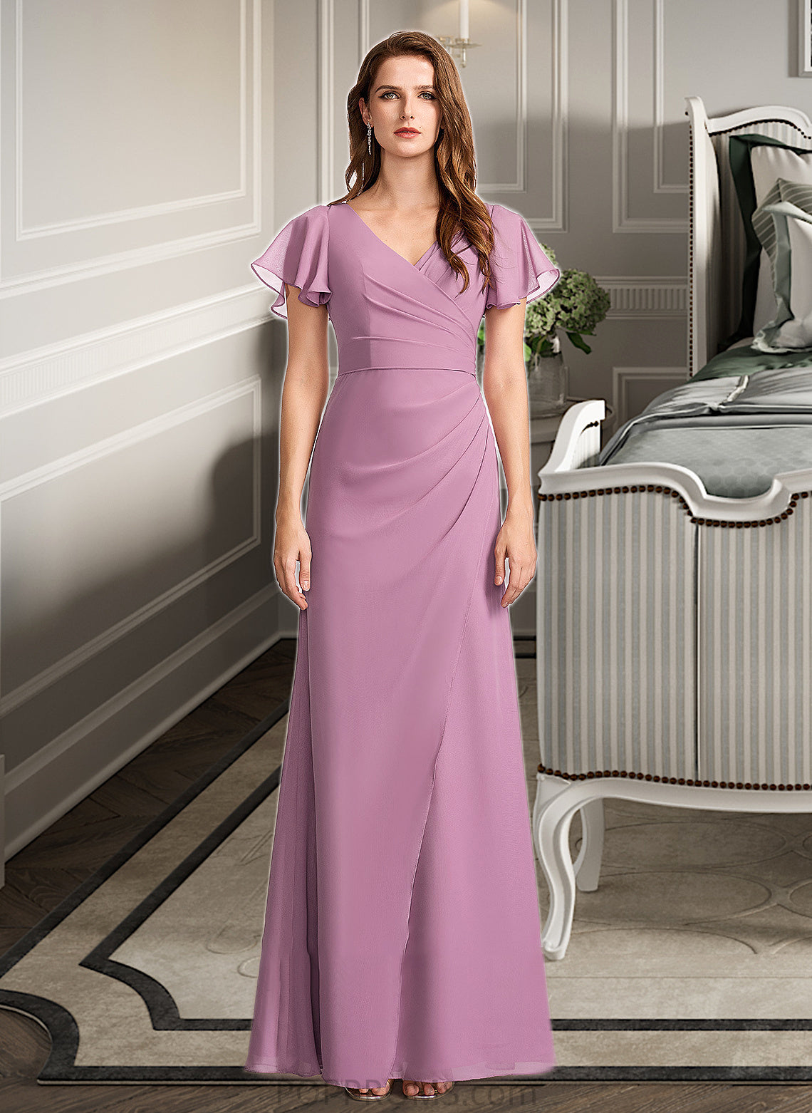 Aryanna Sheath/Column V-neck Floor-Length Bridesmaid Dress With Ruffle PP6P0012960