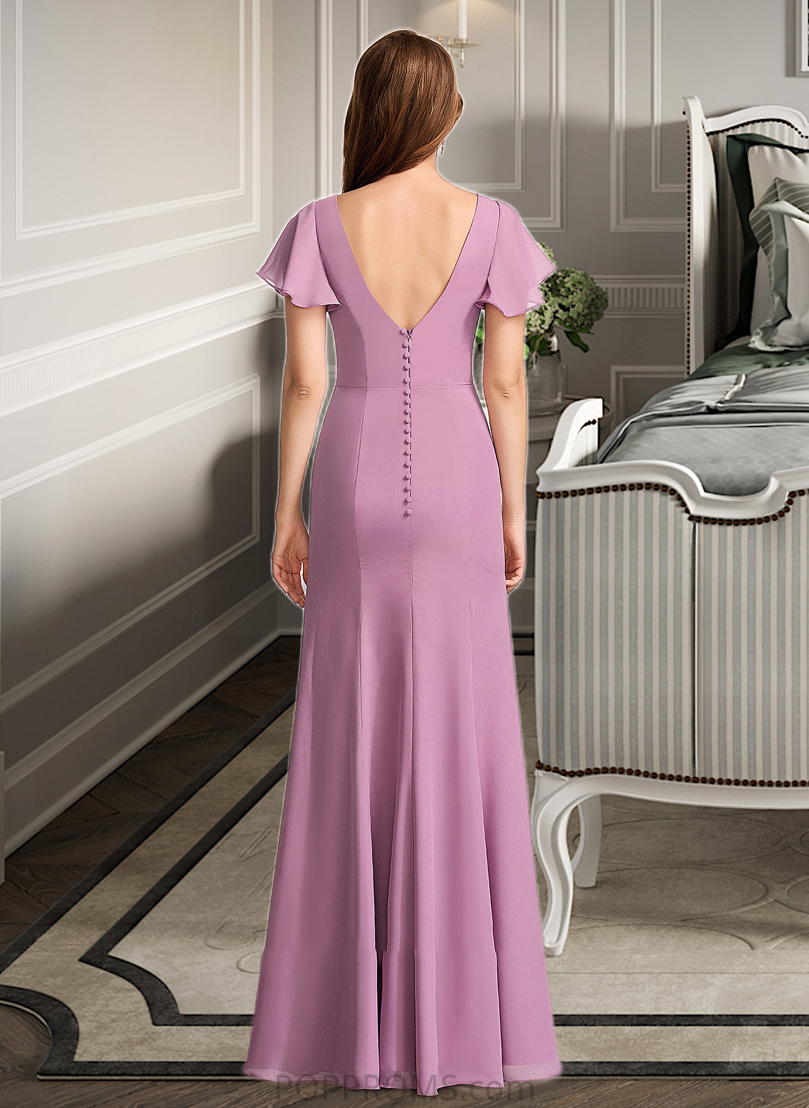 Aryanna Sheath/Column V-neck Floor-Length Bridesmaid Dress With Ruffle PP6P0012960