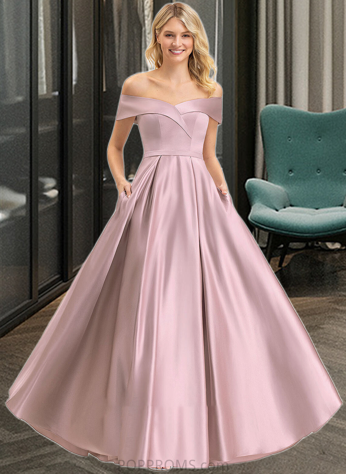 Myah A-Line Off-the-Shoulder Floor-Length Satin Bridesmaid Dress With Pockets PP6P0012961