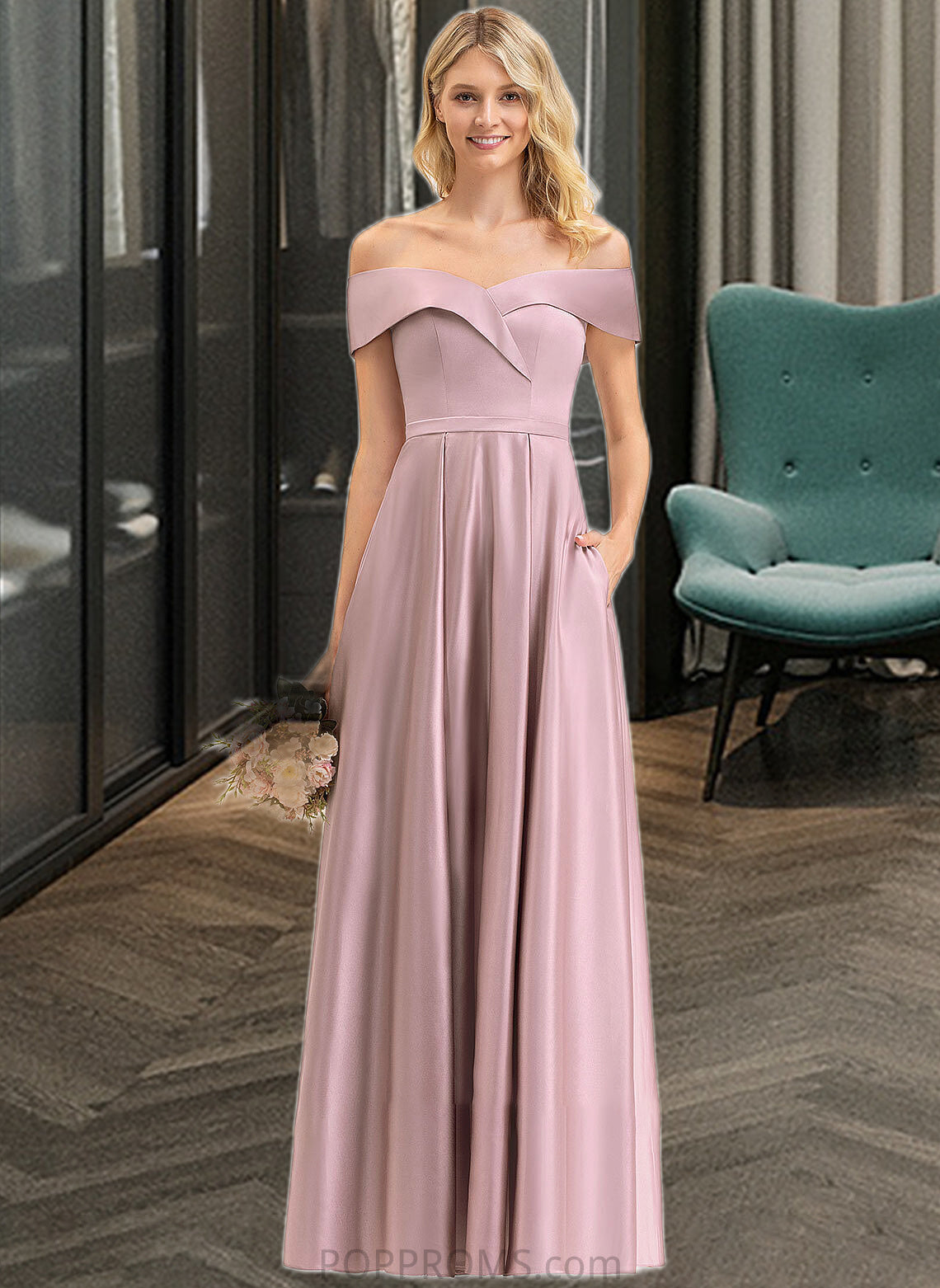 Myah A-Line Off-the-Shoulder Floor-Length Satin Bridesmaid Dress With Pockets PP6P0012961