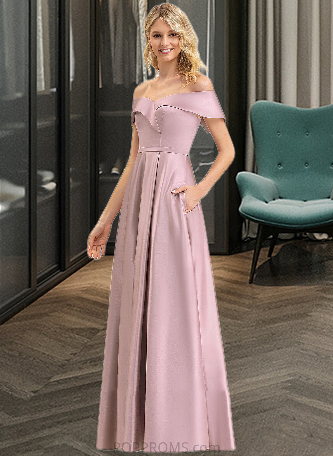 Myah A-Line Off-the-Shoulder Floor-Length Satin Bridesmaid Dress With Pockets PP6P0012961