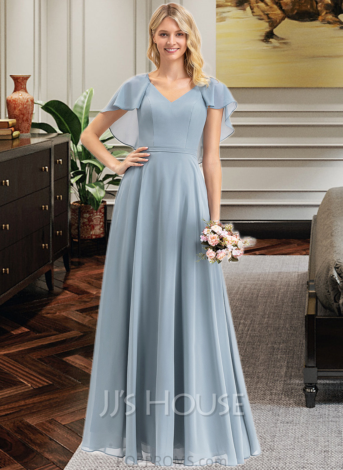 Hope A-line V-Neck Floor-Length Chiffon Bridesmaid Dress With Cascading Ruffles PP6P0012962