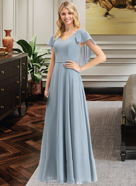 Hope A-line V-Neck Floor-Length Chiffon Bridesmaid Dress With Cascading Ruffles PP6P0012962