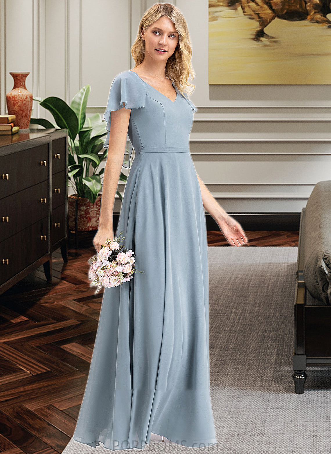 Hope A-line V-Neck Floor-Length Chiffon Bridesmaid Dress With Cascading Ruffles PP6P0012962