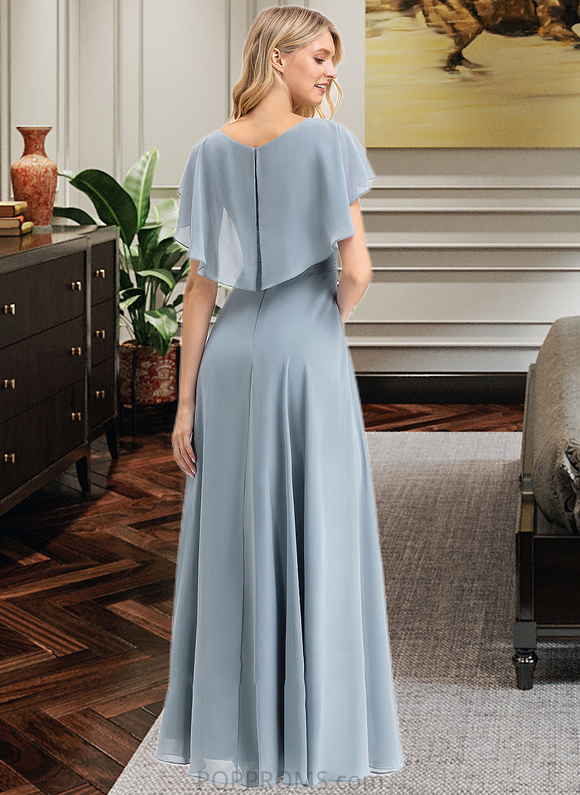 Hope A-line V-Neck Floor-Length Chiffon Bridesmaid Dress With Cascading Ruffles PP6P0012962