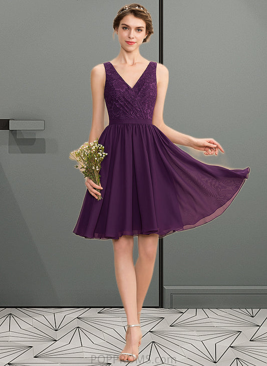 Jaylen A-Line V-neck Knee-Length Chiffon Lace Bridesmaid Dress With Ruffle PP6P0012964