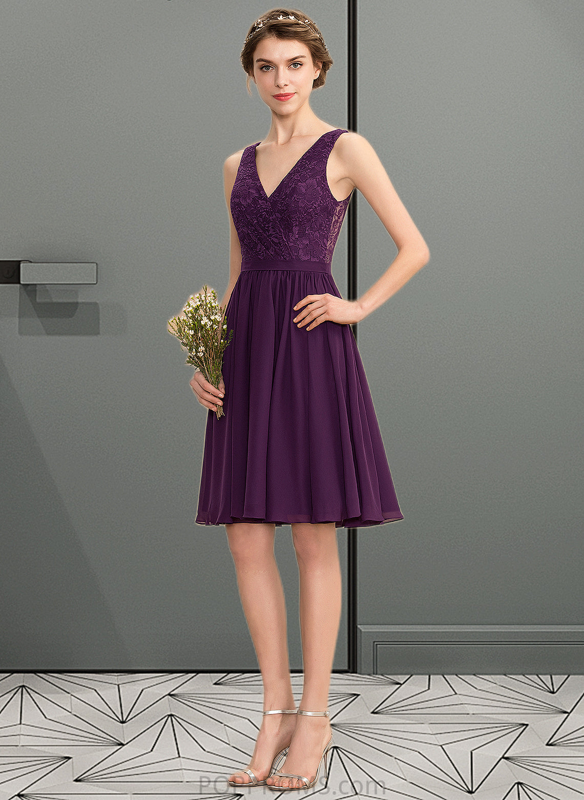 Jaylen A-Line V-neck Knee-Length Chiffon Lace Bridesmaid Dress With Ruffle PP6P0012964