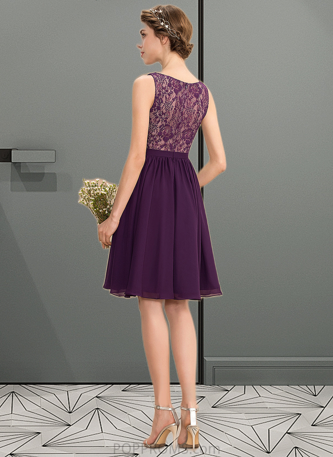 Jaylen A-Line V-neck Knee-Length Chiffon Lace Bridesmaid Dress With Ruffle PP6P0012964