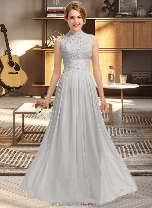 EmeryPiper A-line High Neck Floor-Length Chiffon Lace Bridesmaid Dress With Ruffle PP6P0012966