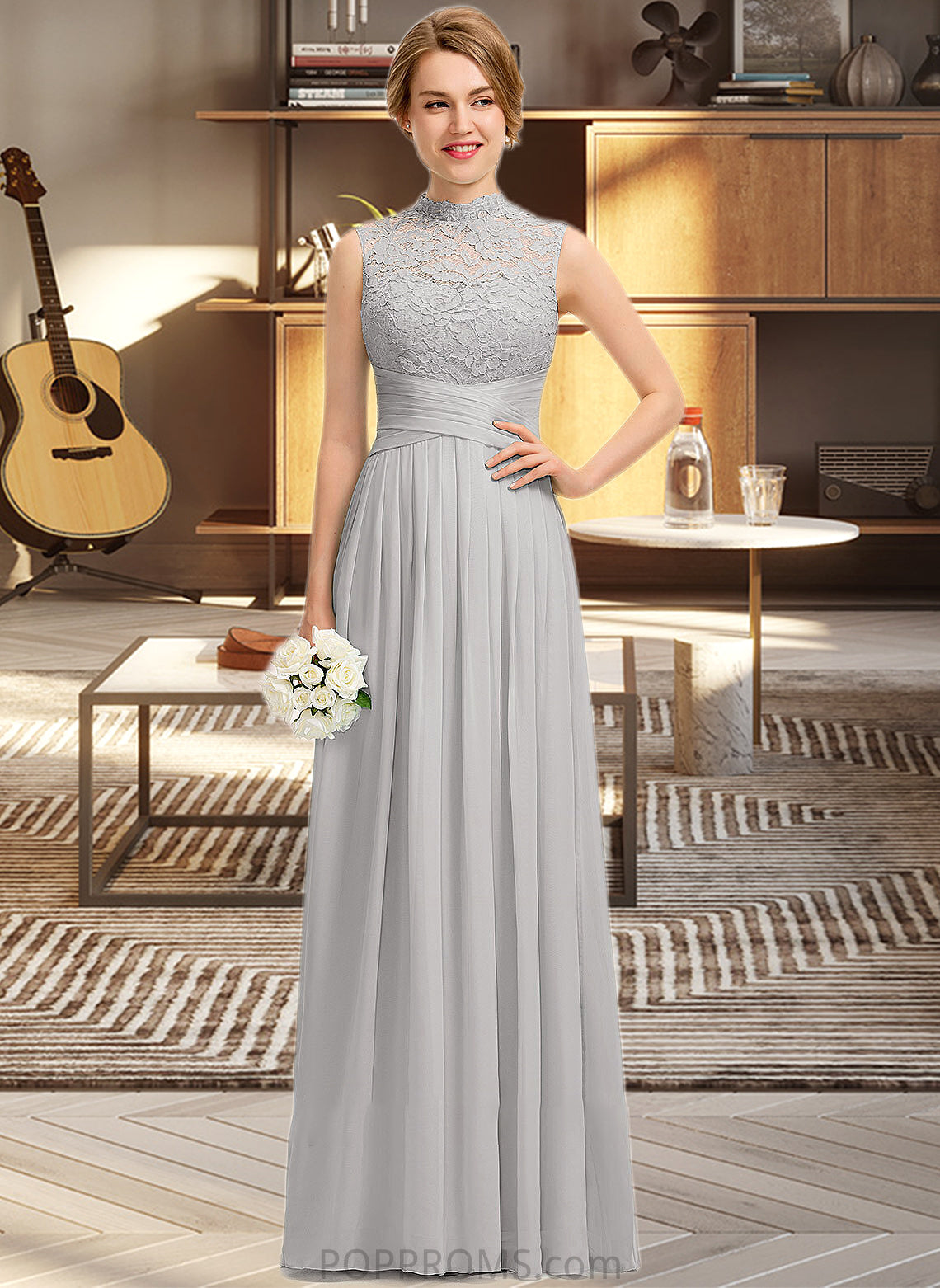 EmeryPiper A-line High Neck Floor-Length Chiffon Lace Bridesmaid Dress With Ruffle PP6P0012966