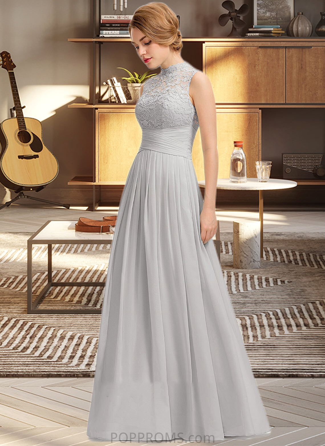 EmeryPiper A-line High Neck Floor-Length Chiffon Lace Bridesmaid Dress With Ruffle PP6P0012966