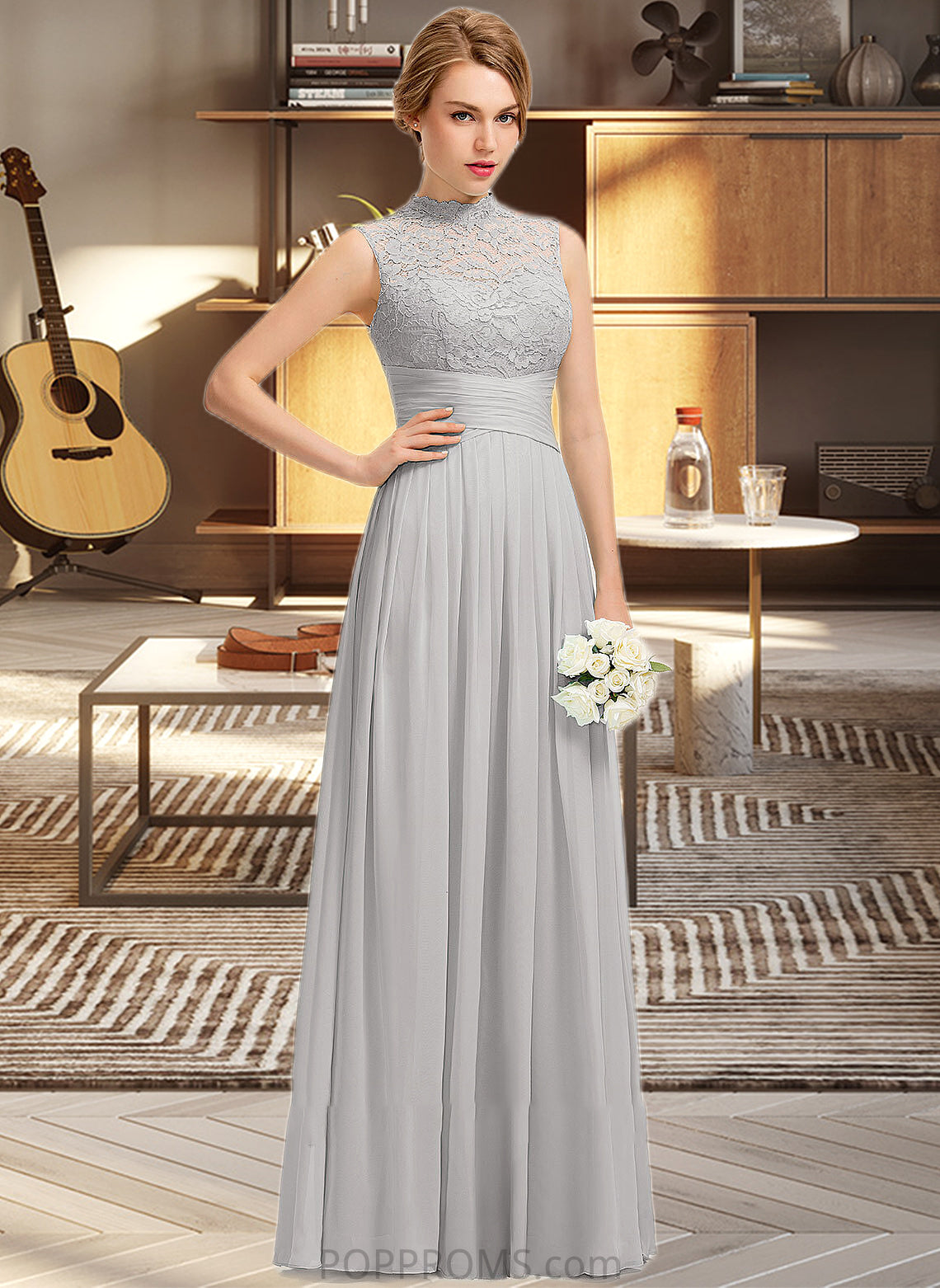 EmeryPiper A-line High Neck Floor-Length Chiffon Lace Bridesmaid Dress With Ruffle PP6P0012966