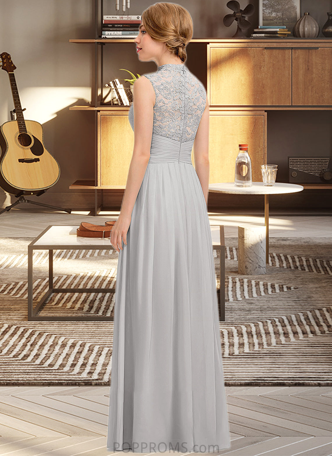 EmeryPiper A-line High Neck Floor-Length Chiffon Lace Bridesmaid Dress With Ruffle PP6P0012966