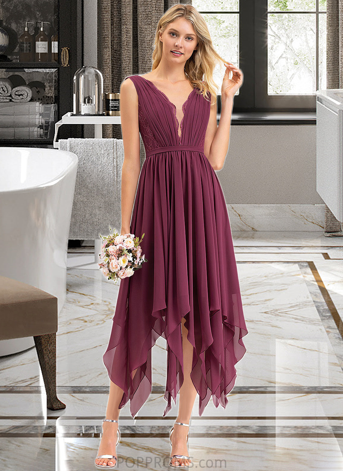 Audrina A-line V-Neck Ankle-Length Chiffon Lace Bridesmaid Dress PP6P0012969