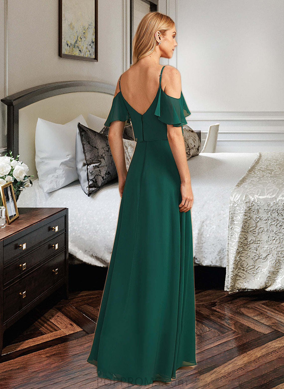 Evangeline A-Line V-neck Floor-Length Bridesmaid Dress With Ruffle PP6P0012970