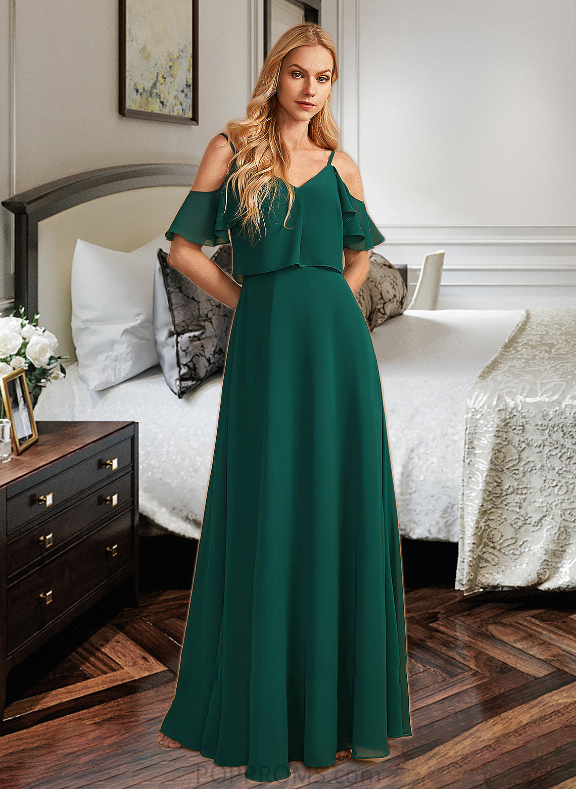 Evangeline A-Line V-neck Floor-Length Bridesmaid Dress With Ruffle PP6P0012970