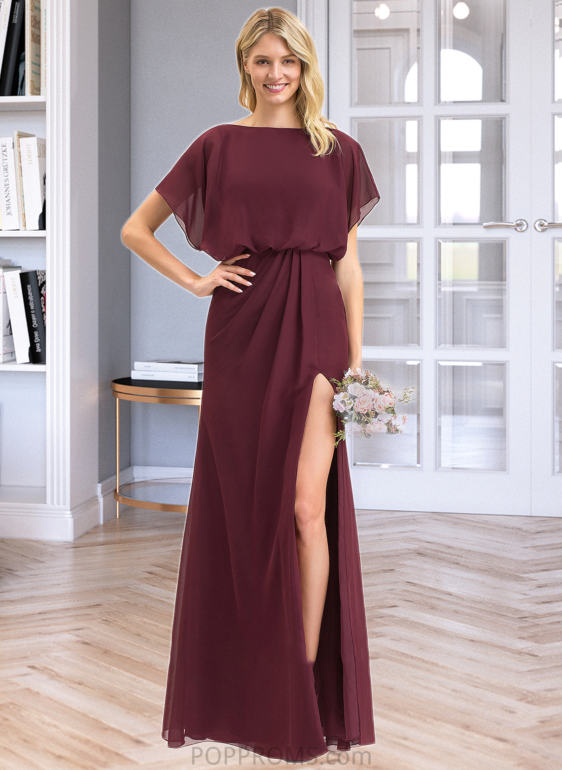 Ariella Sheath/Column Scoop Neck Floor-Length Chiffon Bridesmaid Dress With Ruffle Split Front PP6P0012972