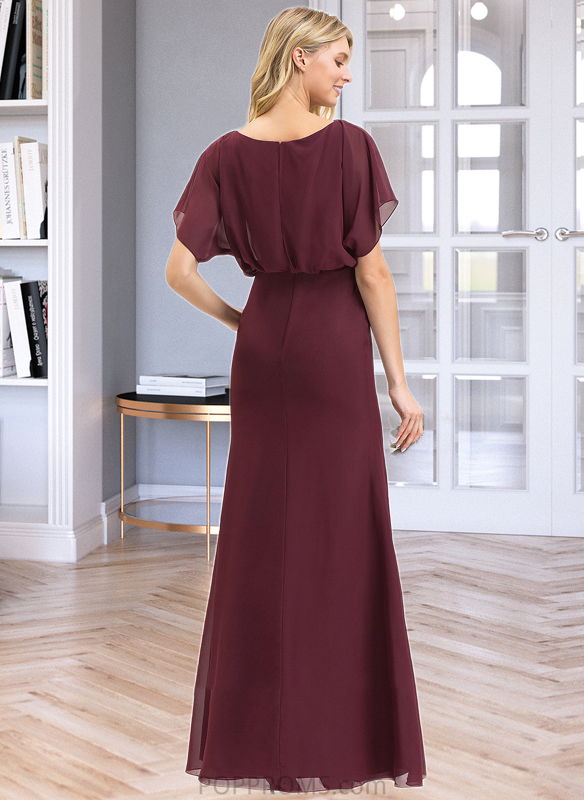 Ariella Sheath/Column Scoop Neck Floor-Length Chiffon Bridesmaid Dress With Ruffle Split Front PP6P0012972