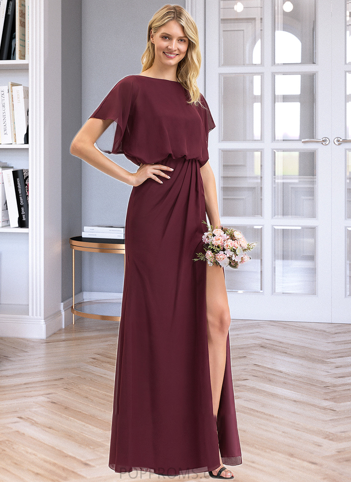 Ariella Sheath/Column Scoop Neck Floor-Length Chiffon Bridesmaid Dress With Ruffle Split Front PP6P0012972