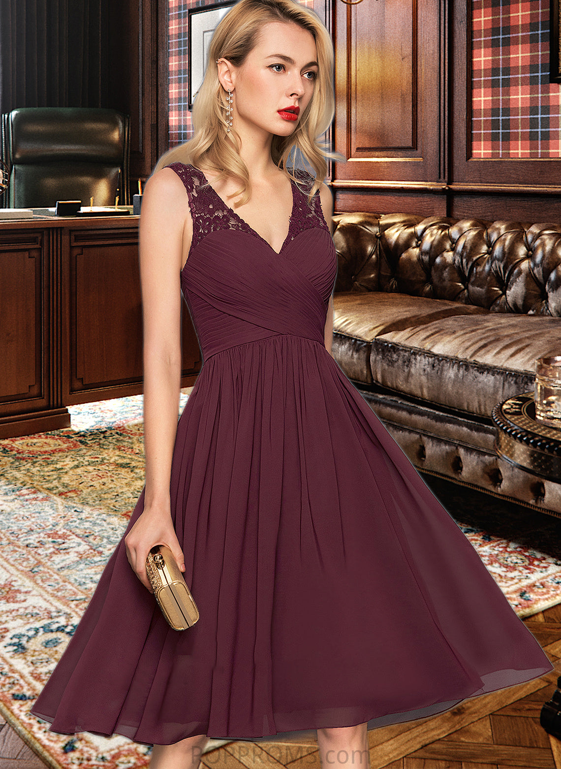 Penelope A-Line V-neck Knee-Length Chiffon Bridesmaid Dress With Ruffle PP6P0012973