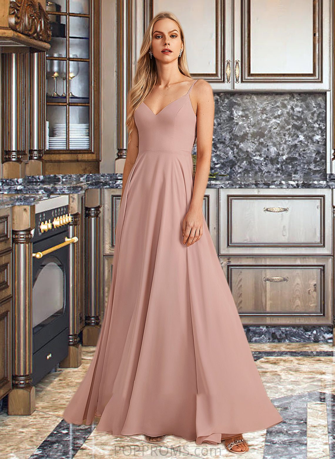 Lila A-Line V-neck Floor-Length Bridesmaid Dress With Lace PP6P0012975