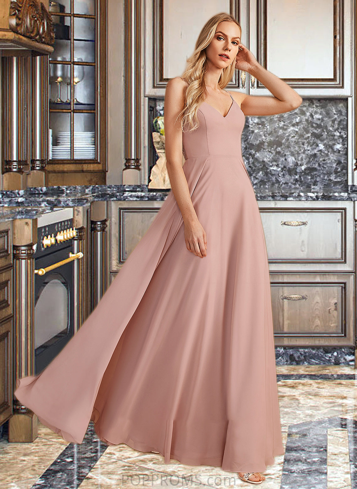 Lila A-Line V-neck Floor-Length Bridesmaid Dress With Lace PP6P0012975