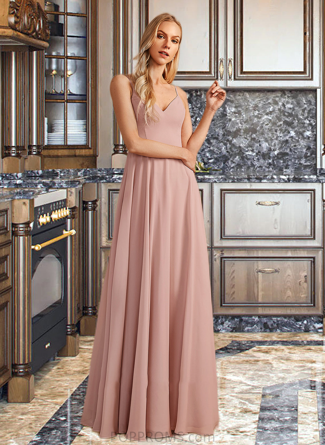 Lila A-Line V-neck Floor-Length Bridesmaid Dress With Lace PP6P0012975