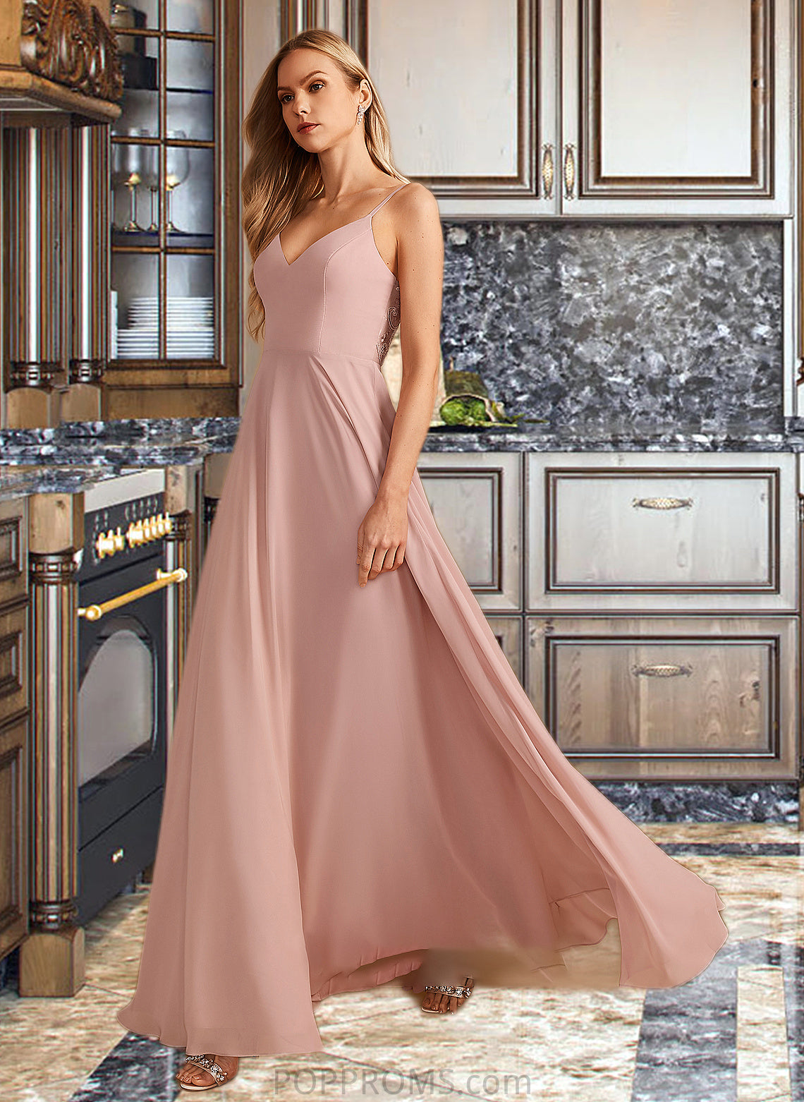 Lila A-Line V-neck Floor-Length Bridesmaid Dress With Lace PP6P0012975