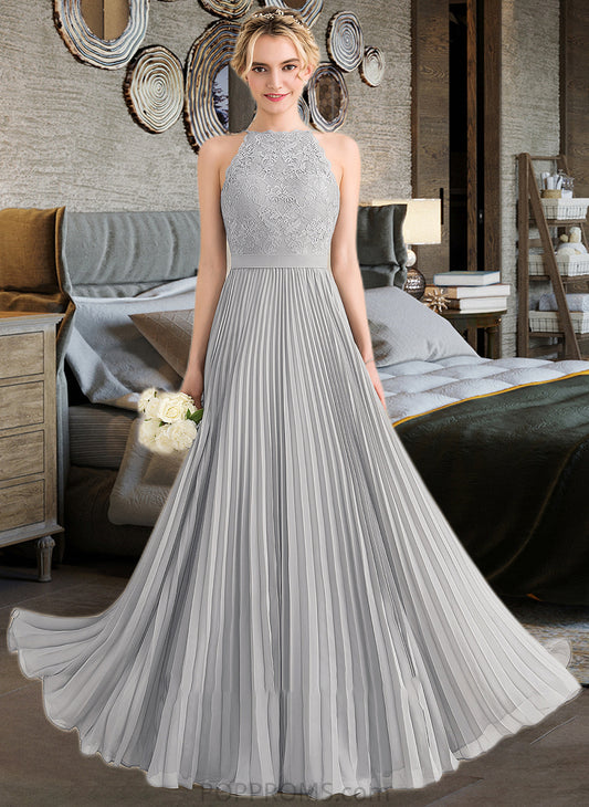 Brynlee A-Line Scoop Neck Floor-Length Chiffon Lace Bridesmaid Dress With Pleated PP6P0012980