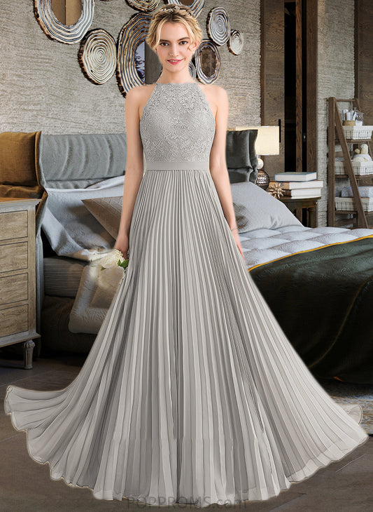 Brynlee A-Line Scoop Neck Floor-Length Chiffon Lace Bridesmaid Dress With Pleated PP6P0012980