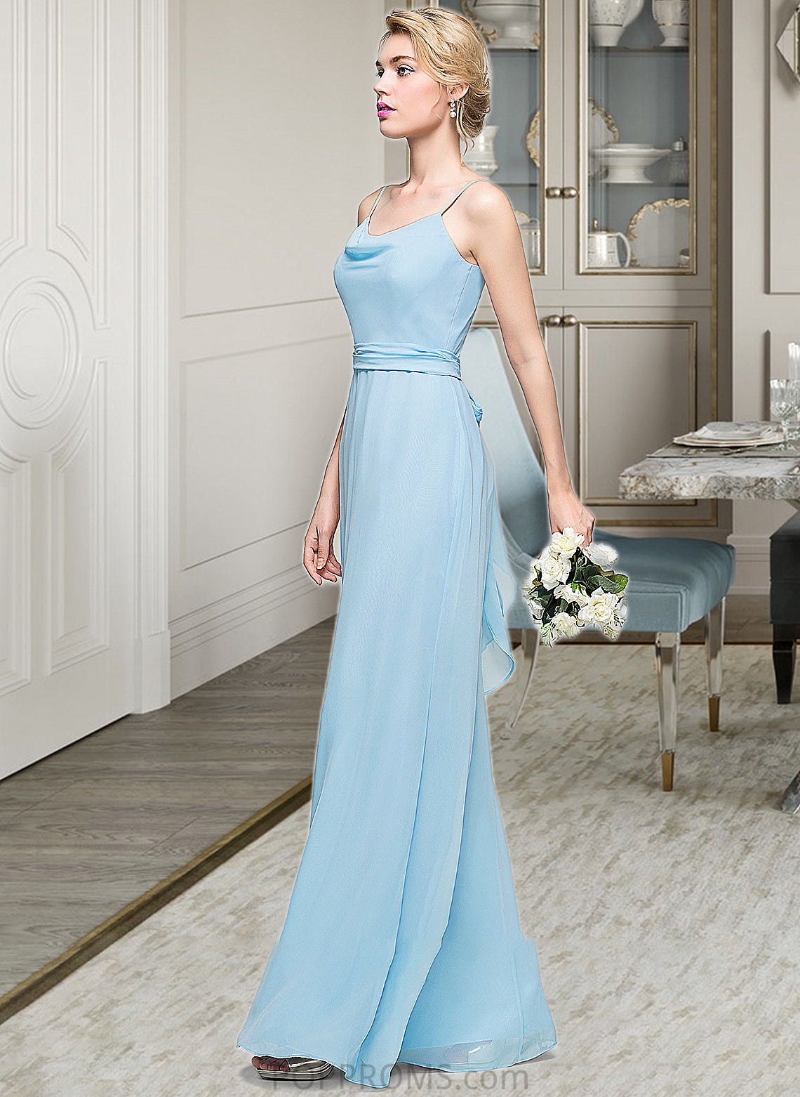 Jordyn A-Line Cowl Neck Floor-Length Chiffon Bridesmaid Dress With Ruffle PP6P0012981